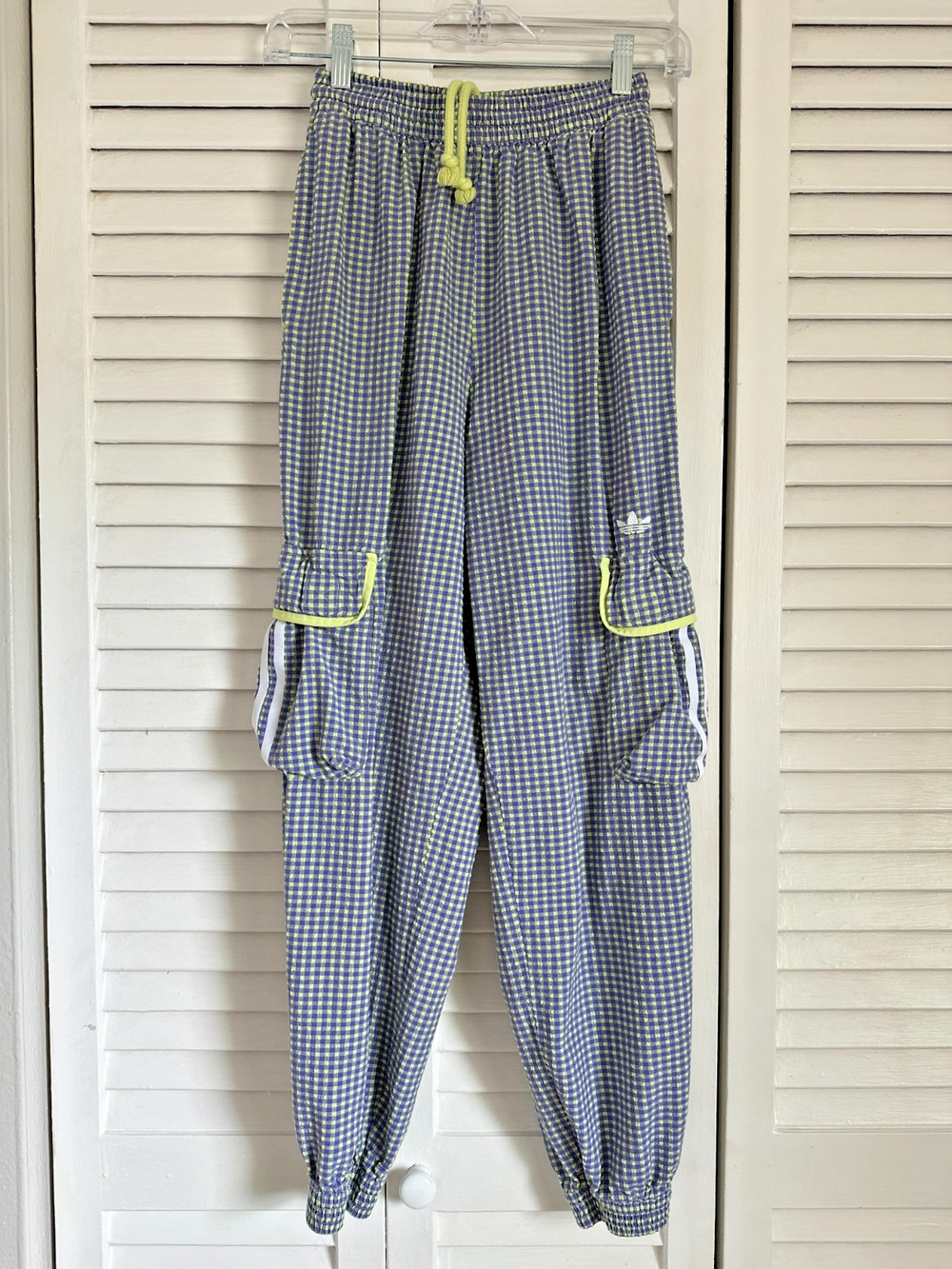 Adidas Originals Gingham Cargo Jogger Track Pants Y2K Purple Green Womens XS
